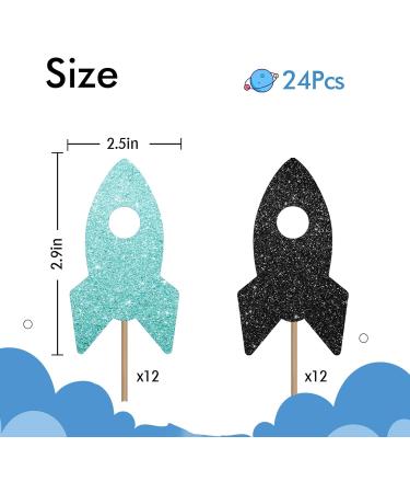 24PCS Rocket Ship Cupcake Toppers Baby Shower Party Decor for Boys Astronaut Dessert Picks Outer Space Themed Birthday Party Decoration - Sky Blue & Black Glitter - Buy Online on GoSupps.com