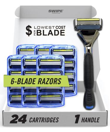 SWIPE Premium Men's 6-Blade Razor Kit (Flex Head Handle + 24 Refills) 24-Pack (with Handle)