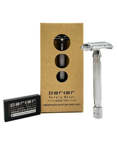 Parker Safety Razor Model 82R Deluxe Chrome Plated Heavyweight Twist-to-open Butterfly Safety Razor & 5 Parker Double Edge Blades