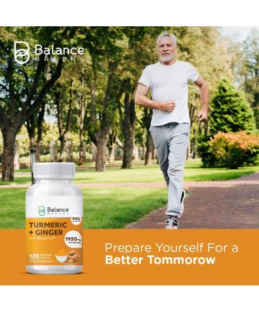 Turmeric Curcumin Ginger 1950mg with Black Pepper - 120 Vegan Capsules, Bioperine for Absorption - Inflammatory Support & Brain Health by Balance Breens - Buy Online on GoSupps.com