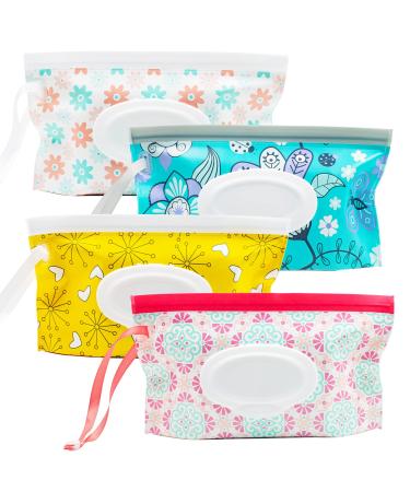 LESHANE Baby Wipe Dispenser, 4 Pack Portable Refillable Wipe Holder, Reusable Lightweight Wipes Container Case Holder for Travel Wet Wipe Pouch, Floral 1.Floral