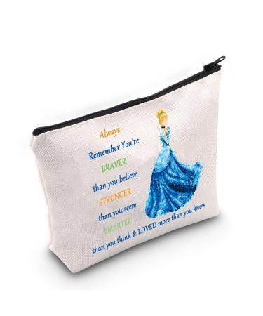 WZMPA Cinderella Cosmetic bag makeup bag princess -inspired gift you are braver Stronger Smarter than you Think Cinderella makeup bag with zipper for women and always Cinderella