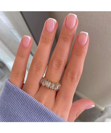 24Pcs Short Square French Tip Press on Fake Nails in White Pink Nude - Full Cover Acrylic Nail Tips for Women and Girls 1