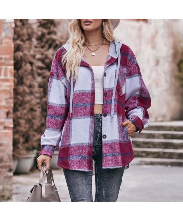 Plaid Hooded Shacket Womens Long Sleeve Plaid Hooded Shirts Flannel Button Down Shacket Drawstring Plaid Jacket Wine#55 Large - Buy Online on GoSupps.com