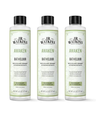 J.R. Watkins Awaken Bath Elixir Liquid Bath Soak Rosemary & Rosewood with Natural Extracts No Salt No Residue 6 oz (Pack of 3)