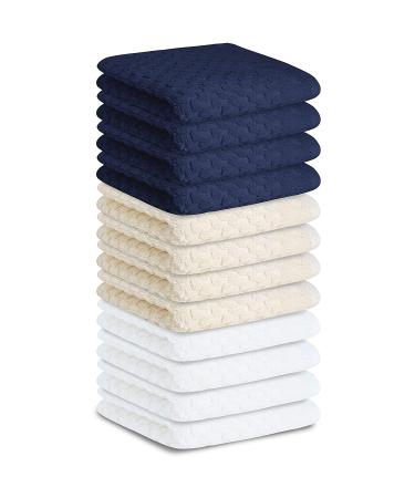 AR LINENS 100% Cotton Wash Cloth Pack of 12|Washcloths for Face Soft|Essential Wash Cloths for Bathroom|Natural Ring Spun Cotton|Washcloths 12x12 in|Face Towel Pack of 12|Brick Design Navy White & Beige Brick Design - P...