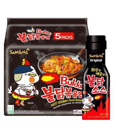 Samyang Buldak Hot Chicken Ramen Spicy Fire Noodle Ultimate Challenge - 5 Packs Original Noodles & 1 Bottle Fire Sauce