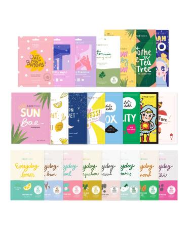 FACETORY 23 Sheet Mask Collection - Hydrating, Moisturizing, Radiance Boosting, Soothing, Redness Relief - For All Skin Types, Made in Korea, Variety Pack of 23 Sheet Masks 1 Count (Pack of 23)