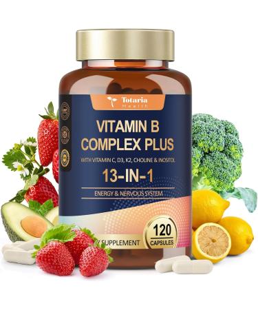 13-in-1 Vitamin B Complex Plus with Vitamin B1, B2, B3 (Niacinamide), B4, B5, B6, B7 (Biotin), B8 (Inositol), B9 (Folate), B12, C, D3, K2 - Energy, Nerve, Immune, Skin Support - 120 Vegan Capsules - Buy Online on GoSupps.com