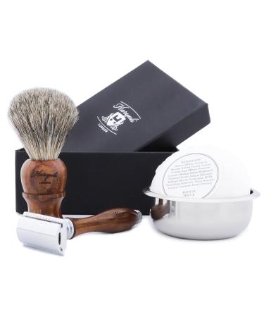 4 Pieces Wooden Shaving Set for Mens Includes Black Badger Hair Brush DE Safety Razor Stainless Steel Bowl and Soap Perfect Set for Men