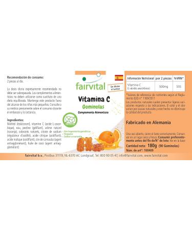 Fairvital | Gommes vitamine C - 90 pi ces - 500mg par jour - Saveur orange - Hautement dos es - 100% v g taliennes + sans sucre - Qualit contr l e et hautement dos es - Fabriqu es en allemagne - Buy Online on GoSupps.com