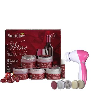 Wine Facial Kit for Women for Glowing Skin 6-Pieces Skin Care Set with Deep Cleanser Scrub Nourishing Gel Mask Pack and Serum 250gm+10ml Free Face Massager