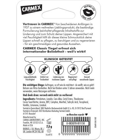 Carmex Classic Tiegel - Lip Balm for Dry Lips - Moisturizing and Soothing for Chapped Lips - With Vaseline Vitamin E and Beeswax - 6 x 7.5 g - Buy Online on GoSupps.com