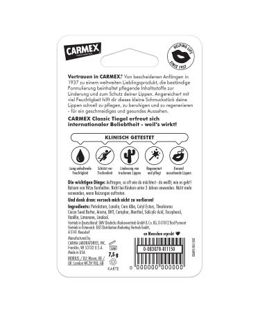 Carmex Classic Lip Balm 8 Pack - Original Medical Formula for Moisturizing & Soothing Dry Cracked Lips | International Shipping - Buy Online on GoSupps.com