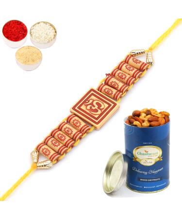 Ghasitaram Gifts Rakhi for Brother Rakhis Online - Substance of Om d0001 Rakhi with 100 GMS of Dryfruits Mix Can Rakhi Set with 100 gms of Dryfruits Mix Can