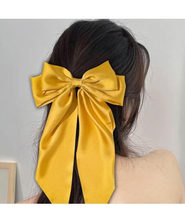 Satin Big Bow Hair Clip for Women - Yellow French Hairpin with Long Ribbon | Soft Solid Color Hair Barrette for Girls - Buy Online on GoSupps.com