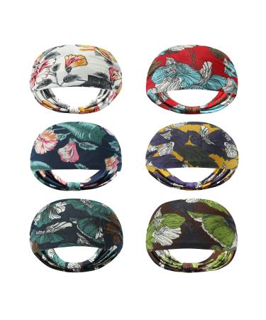 Rapotti 6 Pack Boho Headbands For Women Fashion Wide Headbands Sports Sweat Absorbing Stretch Non-Slip Bandanas Printed Hair Accessories Band Printed style 1