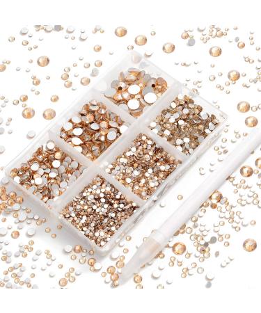 AD Beads 4300 Pieces Flat Back Nail Art Rhinestones Round Beads 6 Sizes (2-6.5mm) with Storage Organizer Box,Rhinestones Picking Pen for Nail Art Phone Decorations Crafts DIY (Champagne)