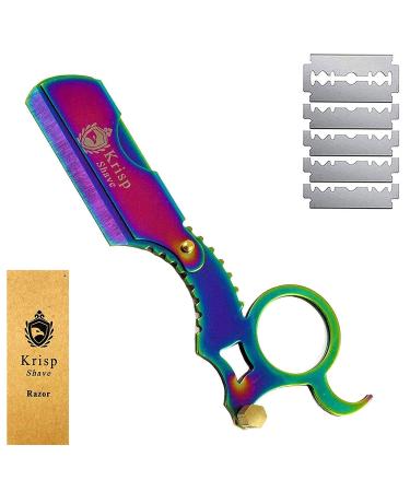 Professional Classic Straight Edge Barber Razor For Close Shaving -Salon Quality Men's Beard Cut Throat Finger Razor Shavette With 10 Shaving Blades By Krisp Shave (Titanium Multi-Color) 4.8 Inch