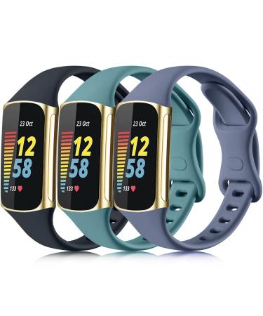 [3 pack] Osber Slim Bands Compatible for Fitbit Charge 5, Soft Silicone Replacement Wristbands for Women Men (Black/Pine Green/Blue Gray)
