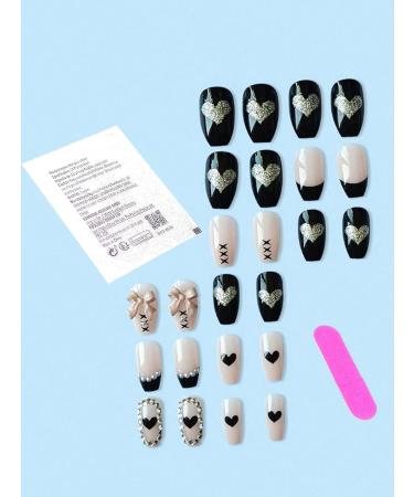 24pcs Bow Black Coffin Fake Nail Bow Heart Press on Nails Bow Heart Long Coffin Nails Luxurious Nails Acrylic Nails Fake Nails For Women Girls - Buy Online on GoSupps.com