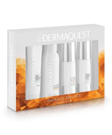 DermaQuest Radiant Skin Protective Anti Aging Facial Kit - Antioxidant Face Wash Hyaluronic B5 Serum Retinol Vitamin C Serum Zinc Oxide SPF50 Sunscreen