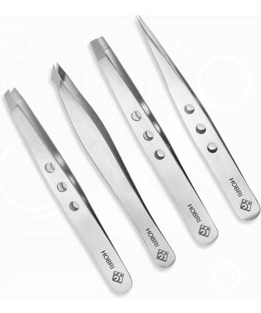 Professional Stainless Steel Eyebrow Tweezers Set - 4 Pieces with Travel Case by Hobri International - Perfect Beauty and Personal Care Tool - Buy Online on GoSupps.com