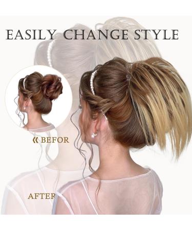 Colorful Panda Claw Clip Short Ponytail Hair Extension in Blonde Mix Dark Brown Color - Synthetic Messy Bun Hairpiece for Women and Girls - Buy Online on GoSupps.com