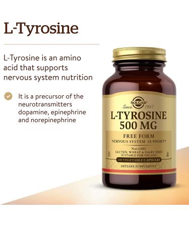 Solgar L-Tyrosine 500 mg - 100 Veggie Caps for Mood & Focus - Buy Online on GoSupps.com