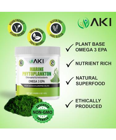 AKI Marine Phytoplankton Powder - Source of Raw Omega-3 EPA Micro Algae Nannochloropsis - Plant Based Proteins Vitamins for Overall Wellness - Complete Protein Source Vegan & GMO Free (2oz/57g) - Buy Online on GoSupps.com
