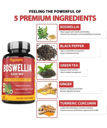 Organic Boswellia Serrata Extract Capsules 3200MG + Turmeric Curcumin Ginger Black Pepper Green Tea - Joint Health Support Supplement | 5 Months Supply, Enhanced Absorption | 150 Vegan Capsules - Buy Online on GoSupps.com