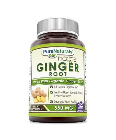 Pure Naturals Ginger Root Supplement - 550mg Capsules - Easy to Swallow Capsule - Commonly Used Natural Remedy for Nausea Due to Pregnancy & Other Conditions - 120 Pills Per Bottle 120 Count (Pack of 1)