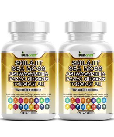 Shilajit Complex Sea Moss Tongkat Ali Ashwagandha Ginseng Zinc CoQ10 PQQ & Magnesium Fulvic Acid Capsules for Energy Vitality & Performance with Panax Cordyceps 180 Count (Pack of 2)