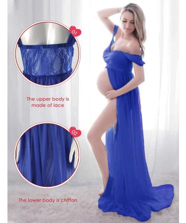 Feoya Maternity Maxi Dress - Chiffon Lace Split Front Gown for Pregnant Women Photography - Blue - Size 2 M - Buy Online on GoSupps.com