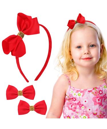 Greoer Red Ribbon Headband Soft Satin Red Bowknot Hairband with 2 Pieces Red Hair Bows Bow Headband Hair Accessories for Women and Girls for Birthday Daily Decoration Back to School Accessories