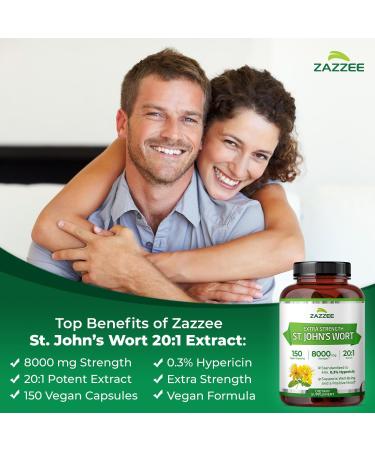 Zazzee Extra Strength St. John s Wort 20:1 Extract 8000 mg Strength 0.3% Hypericin 150 Vegan Capsules 5 Month Supply Concentrated Standardized 20X Extract 100% Vegetarian Non-GMO All-Natural - Buy Online on GoSupps.com
