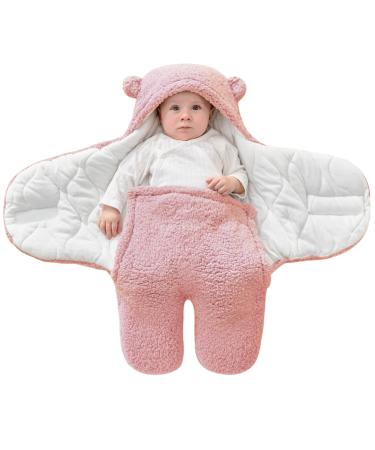 FUNUPUP Baby Hooded Swaddle Blanket Plush Bear Baby Swaddle Wrap Pram Receiving Blanket Fleece Sleeping Bag Sack Baby Clothes for Boys and Girls (3-6 Months Pink) 3-6 Months Pink