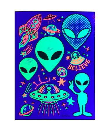 Temporary UV Reactive Tattoos   1 Sheet Alien UFO Design Body Art Blacklight Festival Accessories Glow in the Dark Party Supplies | 7.2  x 5.2  Temp Tattoos Great for EDM EDC Party Rave Parties