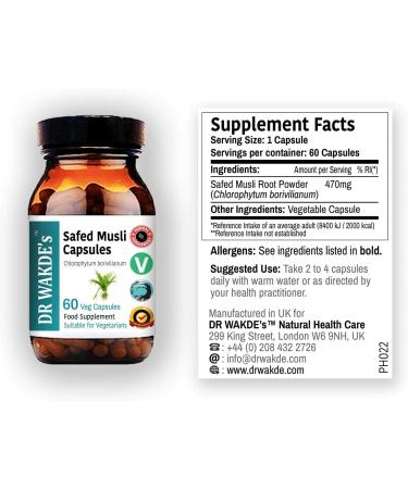 DR WAKDE'S Safed Musli Capsules (Chlorophytum borivilianum 60 Veg Caps Plant-Based Supplement Ayurvedic Herb All Natural Vegan) - Buy Online on GoSupps.com