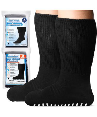 4 Pairs Extra Width Socks for Lymphedema - Bariatric Sock - Oversized Sock Stretches up to 30'' Over Calf for Swollen Feet - One Size Unisex Black 2 Pairs Regular and 2 Pairs With Non Skid Grips