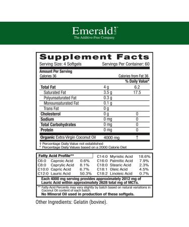 Emerald Labs Coconut Oil Softgels - 100% Pure Extra Virgin Coconut Oil Supplement for Brain & Immune Support - 240ct - Buy Online on GoSupps.com