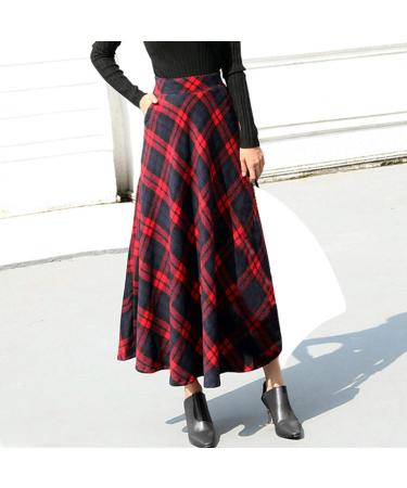Sanahy Women's High Waist Plaid Maxi Skirt - A-line Winter Wool Skirt with Pockets | S Red - Buy Online on GoSupps.com