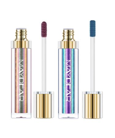 Maydear 2 Pack Chameleon Lipstick Long Lasting Waterproof Colourful Diamond Shimmer Lip Gloss for Women Girls Makeup kit-brown green&Blue Purple #2
