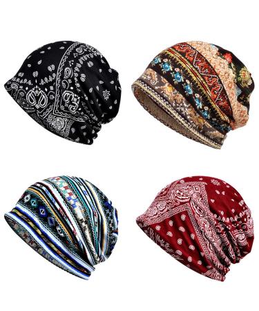 4 PCS Women Baggy Slouchy Beanie Chemo Hat Cap Slouchy Snood Hat Cancer Headwear Multicolor