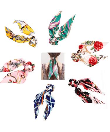 Vintage Floral Satin Bowknot Scrunchies Hair Ties Set with Pearl 6 PCS for Women & Girls - Buy Online on GoSupps.com