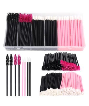 Yokilly 300PCS Disposable Mascara Wands Lip Wands Set 100Pcs Eyelash Brush and 200Pcs Lip Brush Makeup Tool Kit with Organizer Box (300PCS Black+Pink)