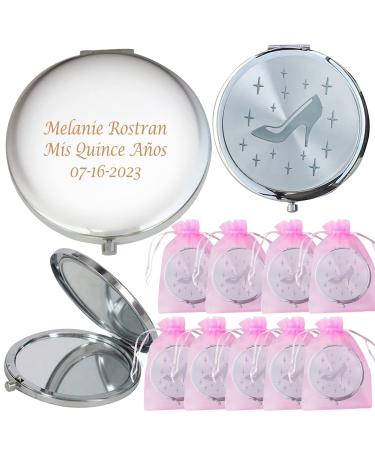 WE Personalized Silver Compact Mirror Favor (12 PCS) - Cinderella High Heel Shoe Design Quinceanera/Sweet 16/ Zapatilla de Cenicienta Birthday Gift White