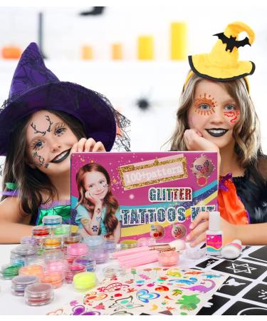 Kids Temporary Glitter Tattoo Kit - 26 Body Glitter, 2 Glitter Glue, 5 Tattoo Stencil Sheets, 5 Makeup Brushes, 6 Fluorescent Powder Rhinestone Stickers - For Face, Hair, Nail, Eye - Makeup Set - Buy Online on GoSupps.com