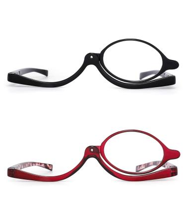 JM 2 Pairs Makeup Reading Glasses Magnifying Flip Down Cosmetic Readers for Women +5.0 Black & Red 5.0 x