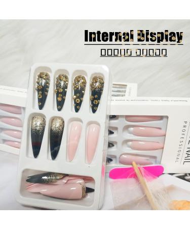 Punk Style Long Stiletto Press on Nails | Glossy Gold Glitter & Rhinestone Design | Luxury Acrylic Fake Nails for Women & Girls - Y2K Punk Manicure - Buy Online on GoSupps.com